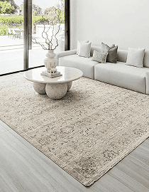 Elegant light rug in a bright living room with a glass table